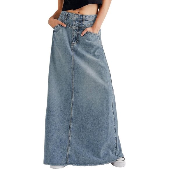 Women Denim Maxi Skirt Light Blue High Waist A-Line Frayed Hem Plus Size